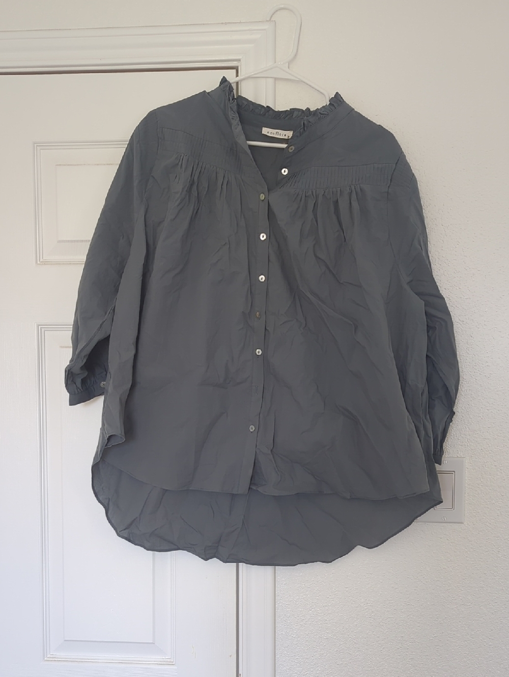 Neuflora Blakely Blouse Soft Cotton Ruffle Collar Button-Up Blouse — Dusty Blue